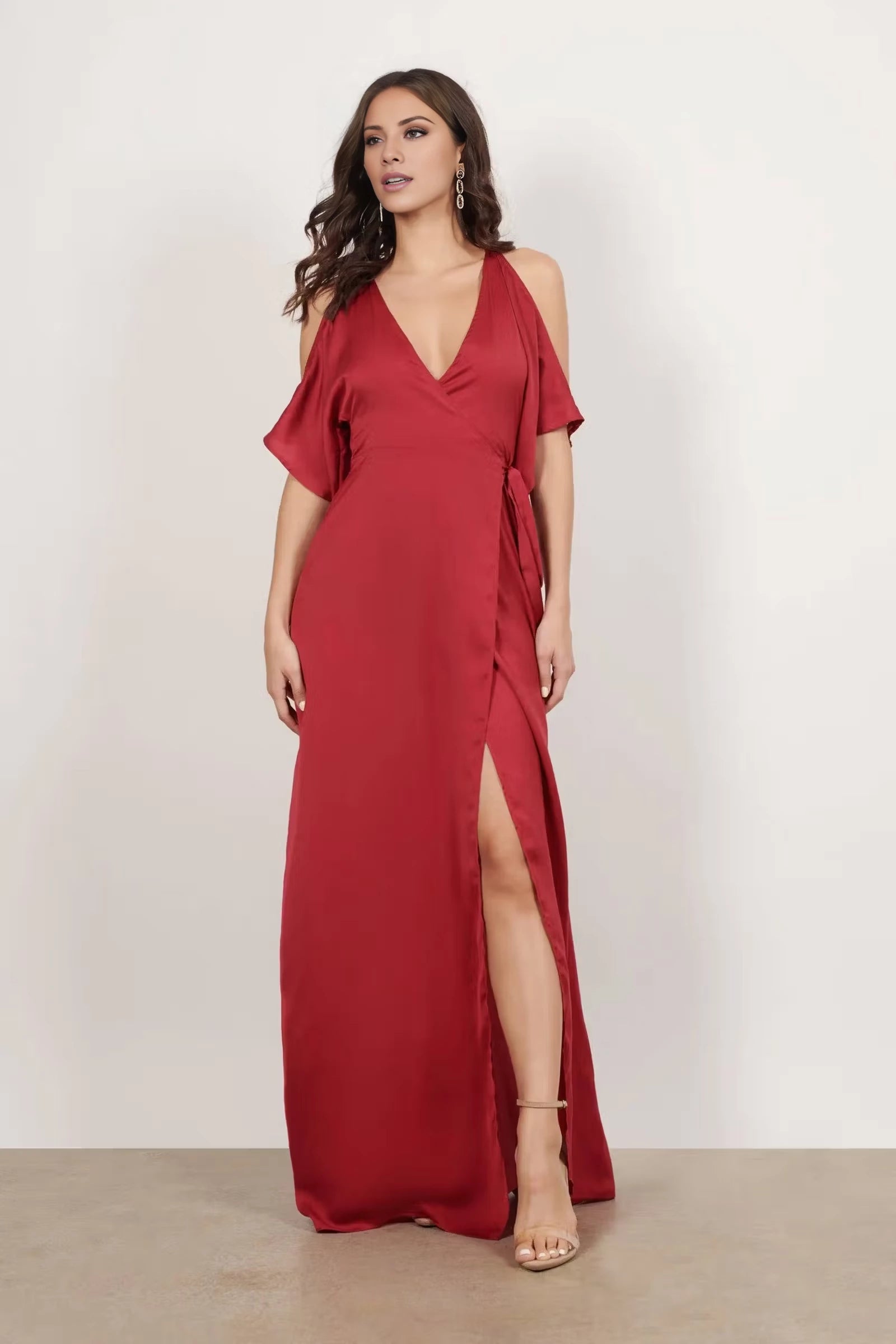 V-neck off shoulder short sleeved off back side slit and floor length Prom dress
